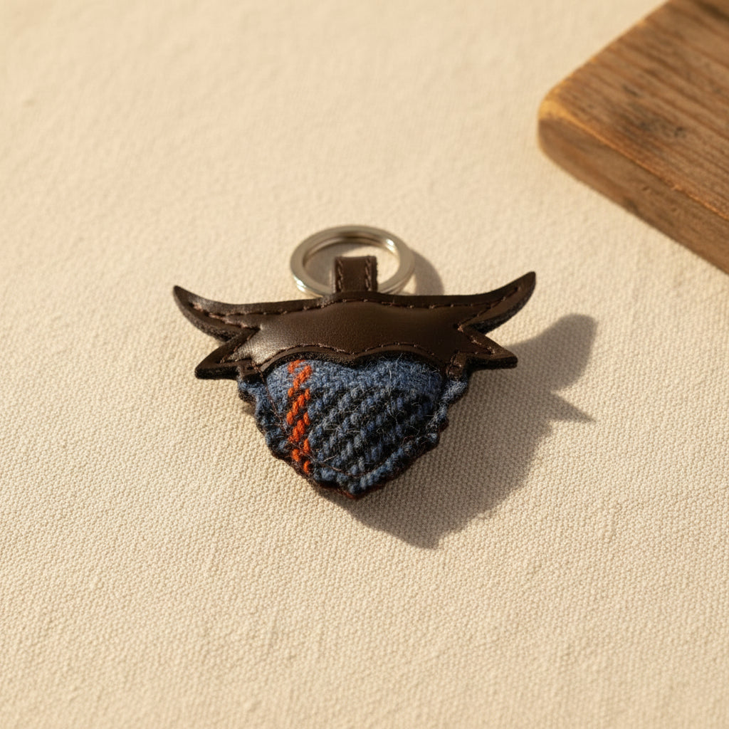 Keychain with a heart design made of fabric pieces on a white background