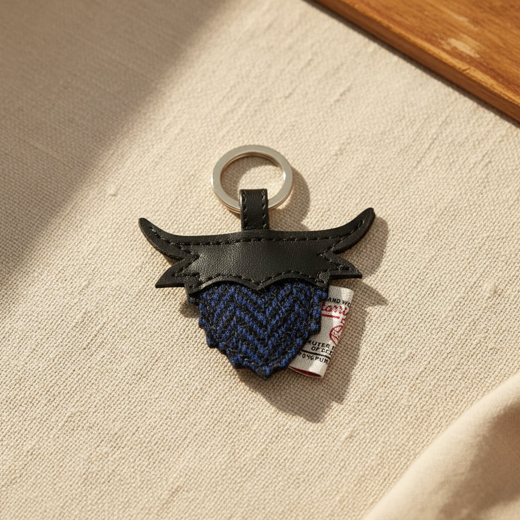 Keychain with black and blue design on a white background