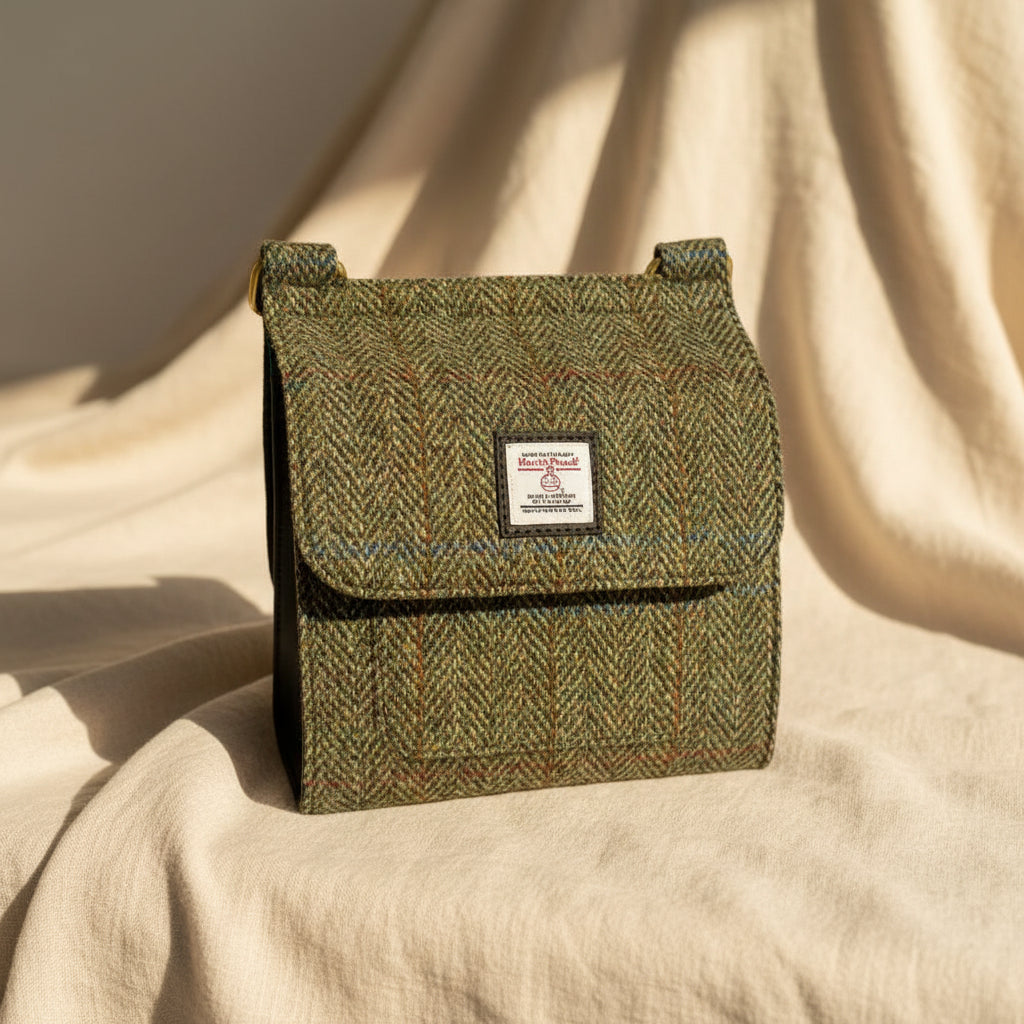 Green herringbone patterned bag with a visible brand label on a white background