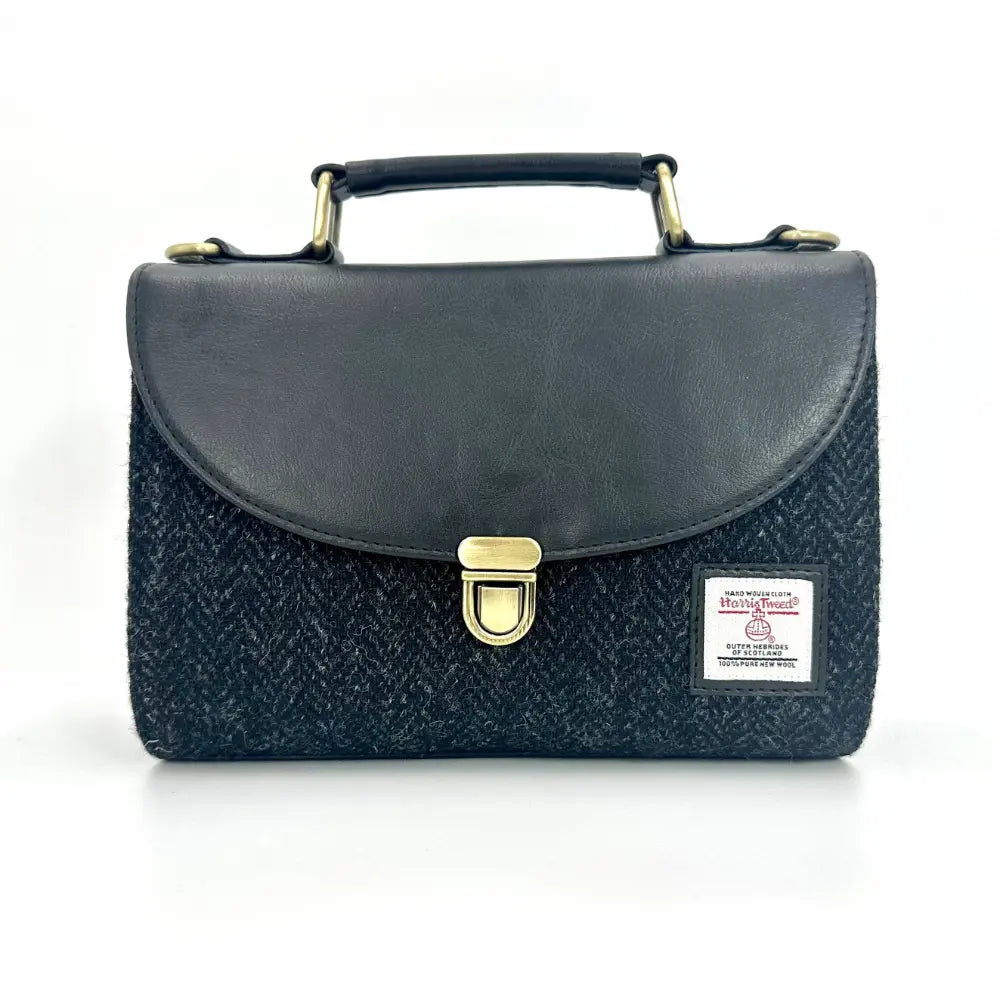 Maccessori Harris Tweed mini day bag in charcoal with a brass turn-lock clasp