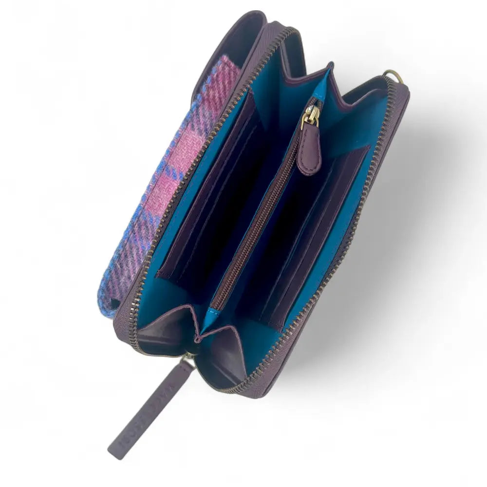 Pastel Pink Harris Tweed phone purse open showing teal lining, card slots and zip pocket