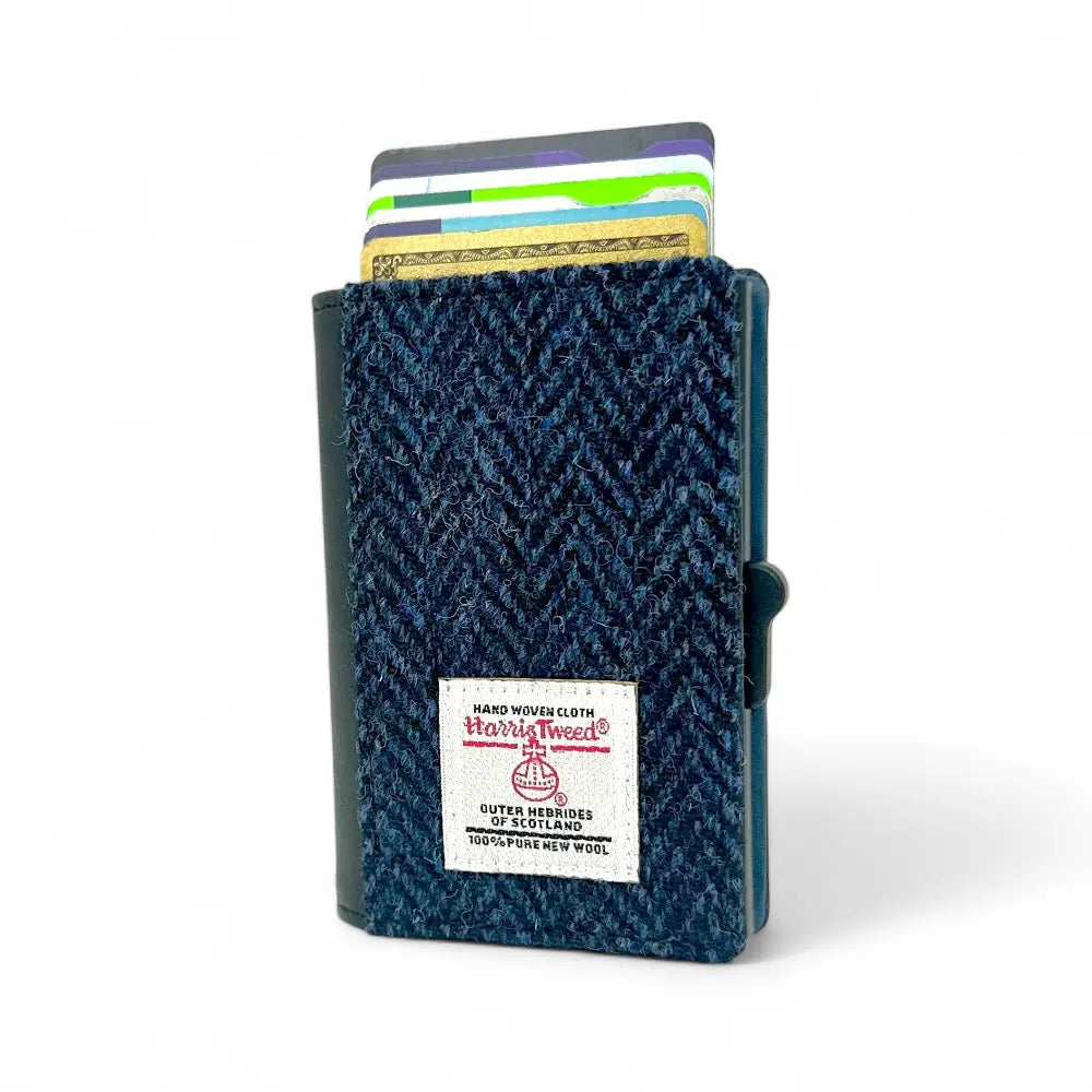 Maccessori blue Harris Tweed pop up card wallet with cards fanned from the top