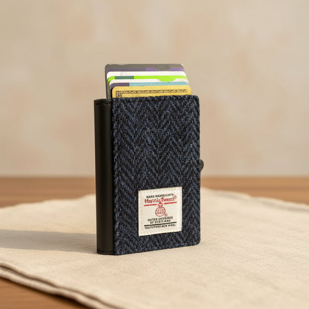 Blue Harris Tweed Pop Up Card Wallet