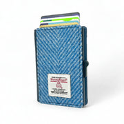 Sky Blue Harris Tweed wallet front view with cards partially visible