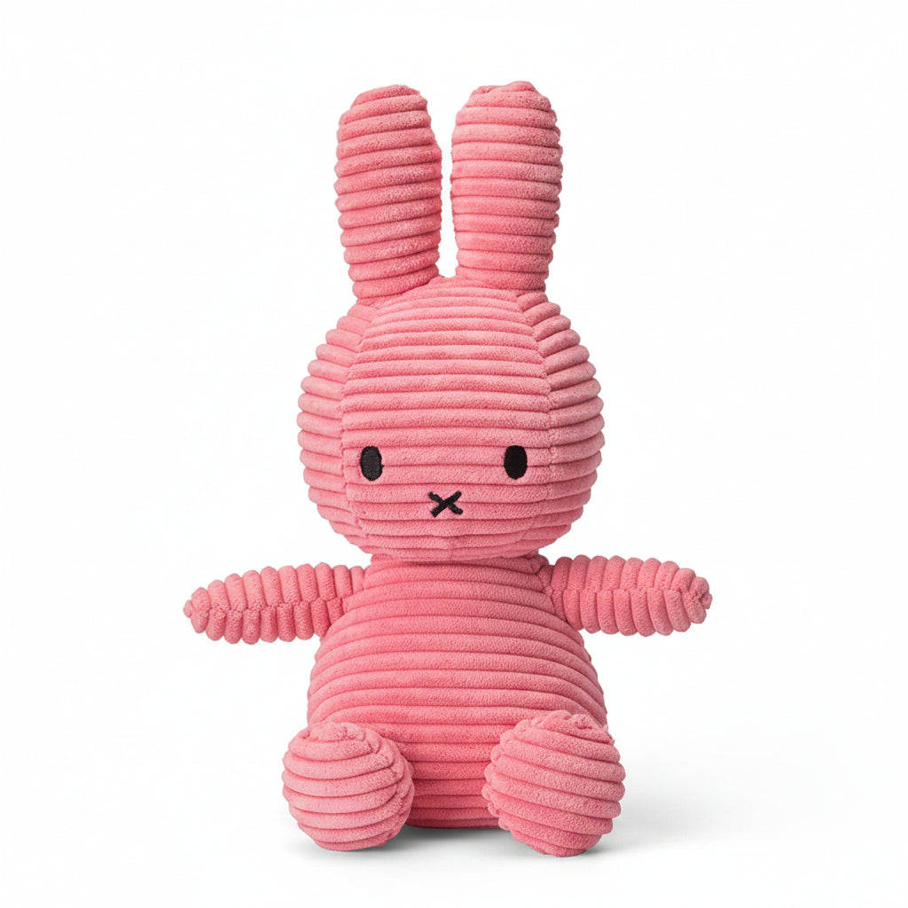 Miffy sitting ECO corduroy soft toy in bubblegum pink, 23cm, on white background