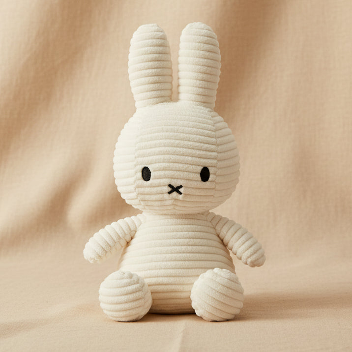A white corduroy rabbit plush toy with black embroidered eyes and a stitched mouth, sitting against a plain white background.