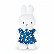 Miffy standing soft toy in blue flower dress, 24cm, front view on white background