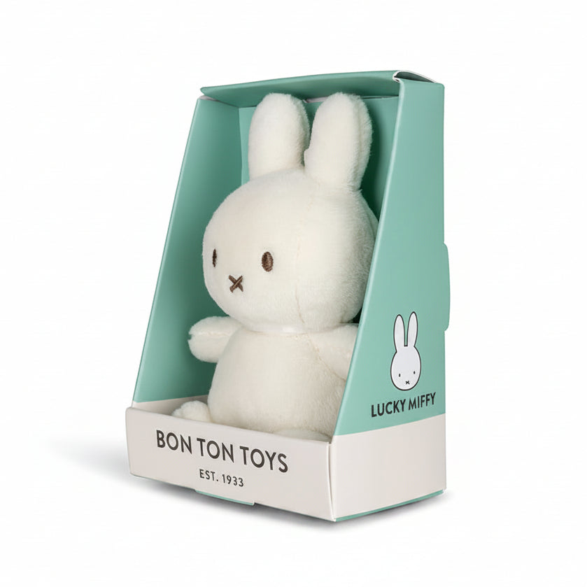 Lucky Miffy soft toy in cream in a giftbox, 10cm, front view