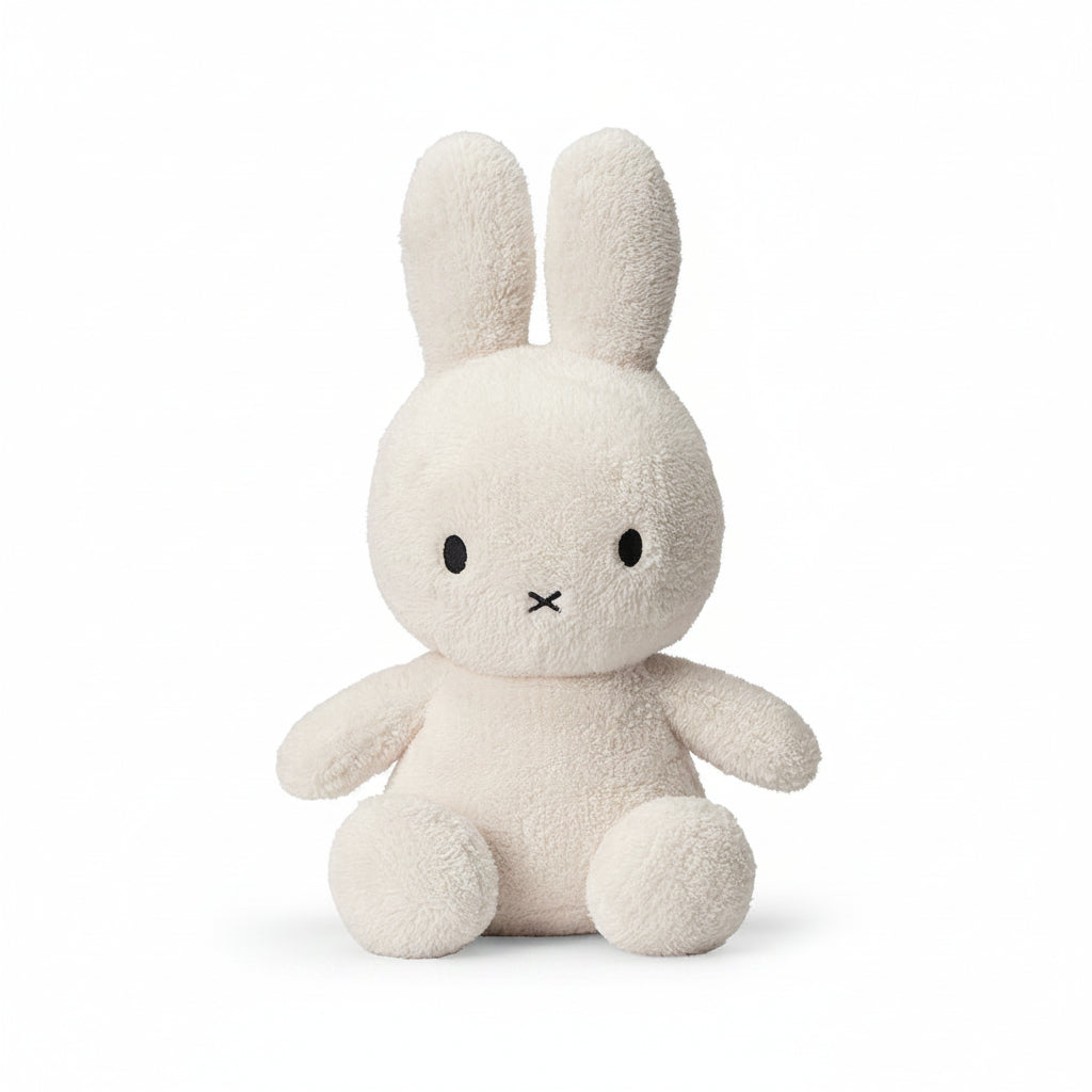 Miffy sitting terry towelling soft toy in cream, large 33cm, front view on white background