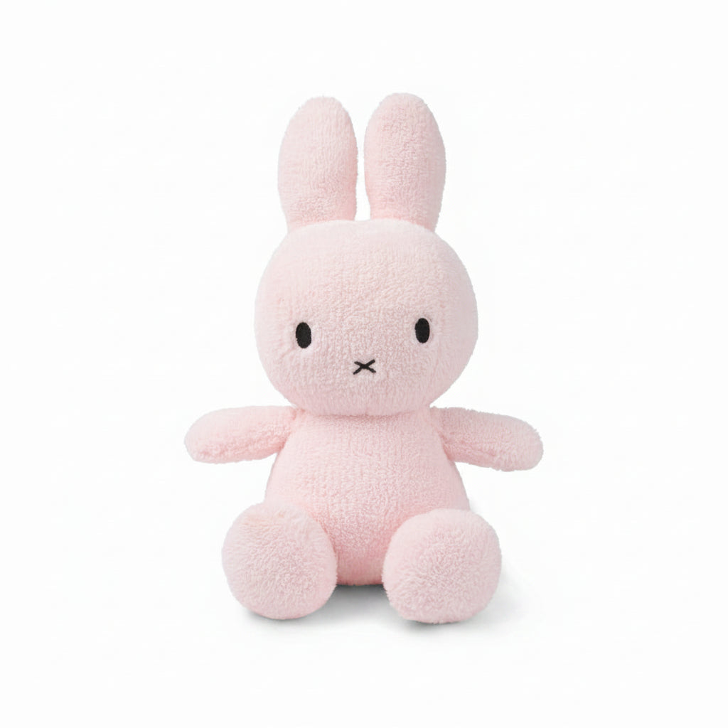 Miffy sitting terry towelling soft toy in light pink, large 33cm, front view on white background