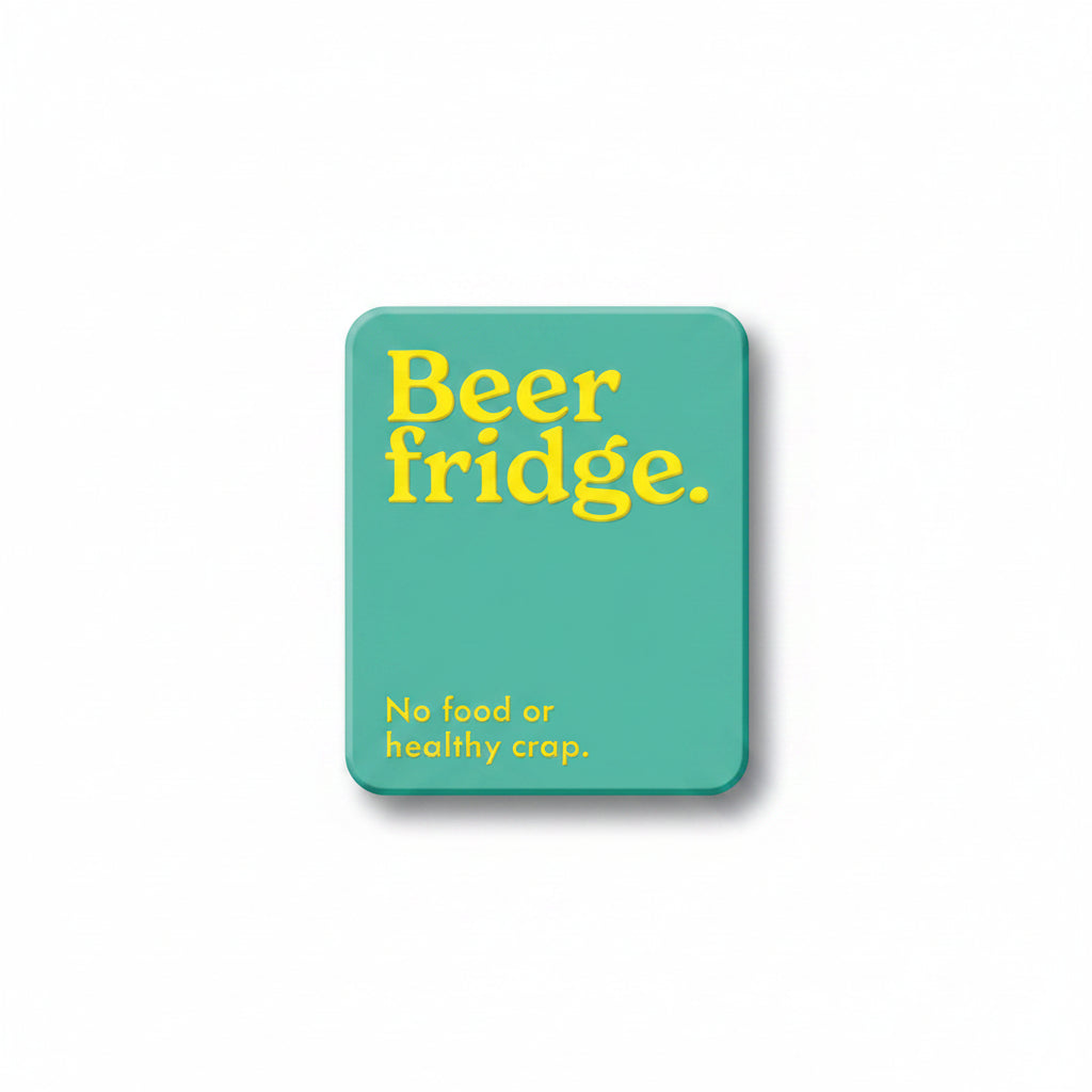 Mint Publishing beer fridge magnet with bold teal and yellow design