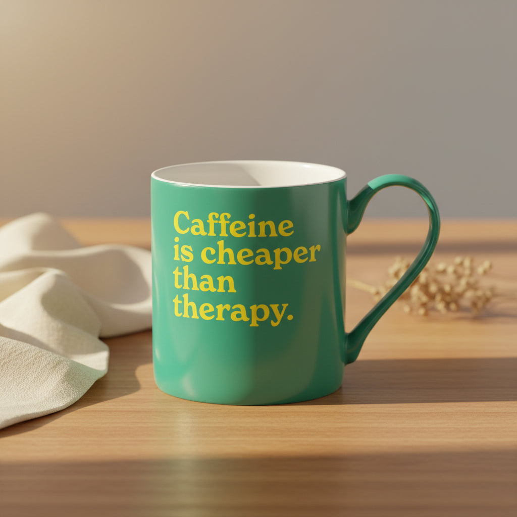 Green Caffeine Is Cheaper Than Therapy mug shown side on against a plain white background