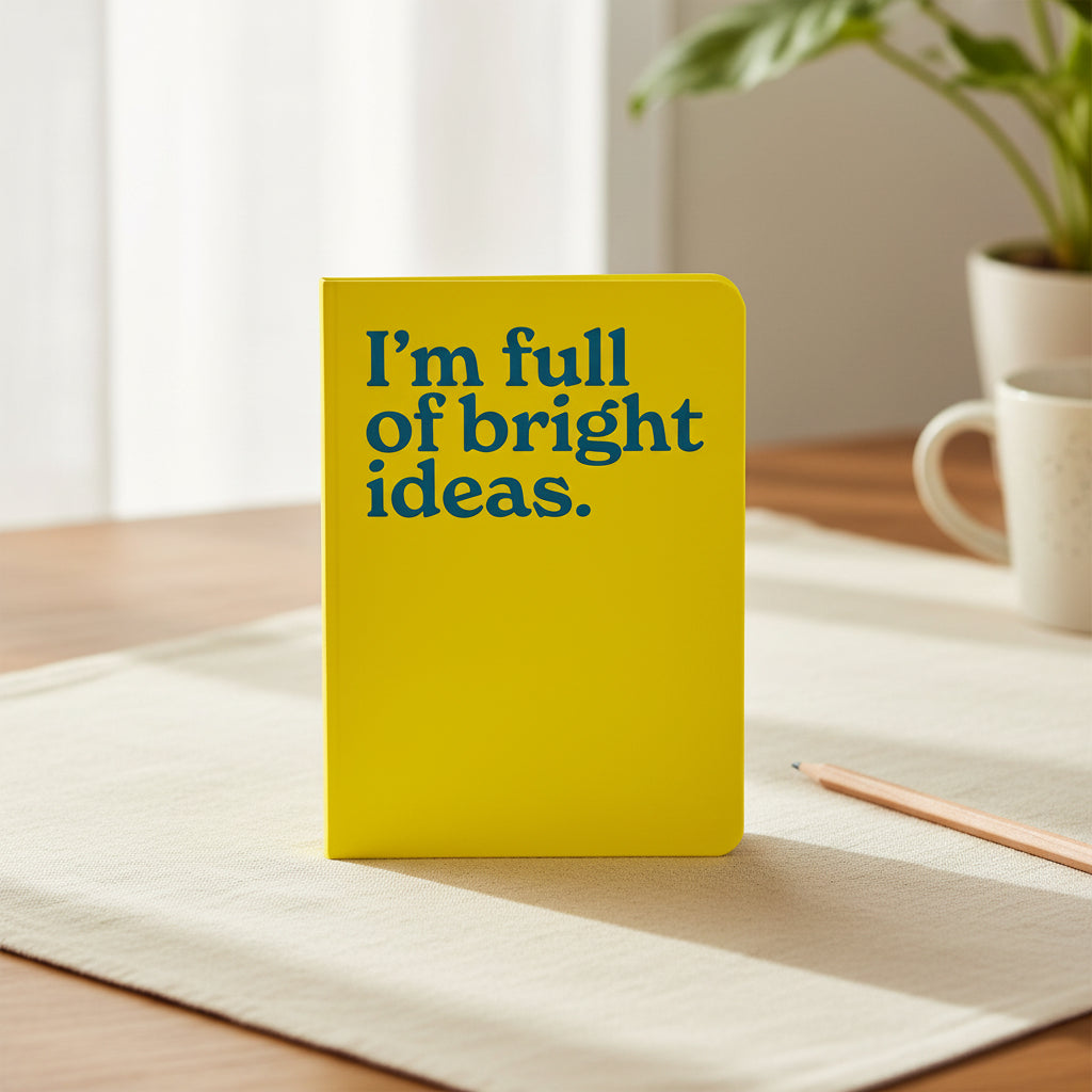 I'm Full of Bright Ideas neon A5 notebook shown flat on a white background