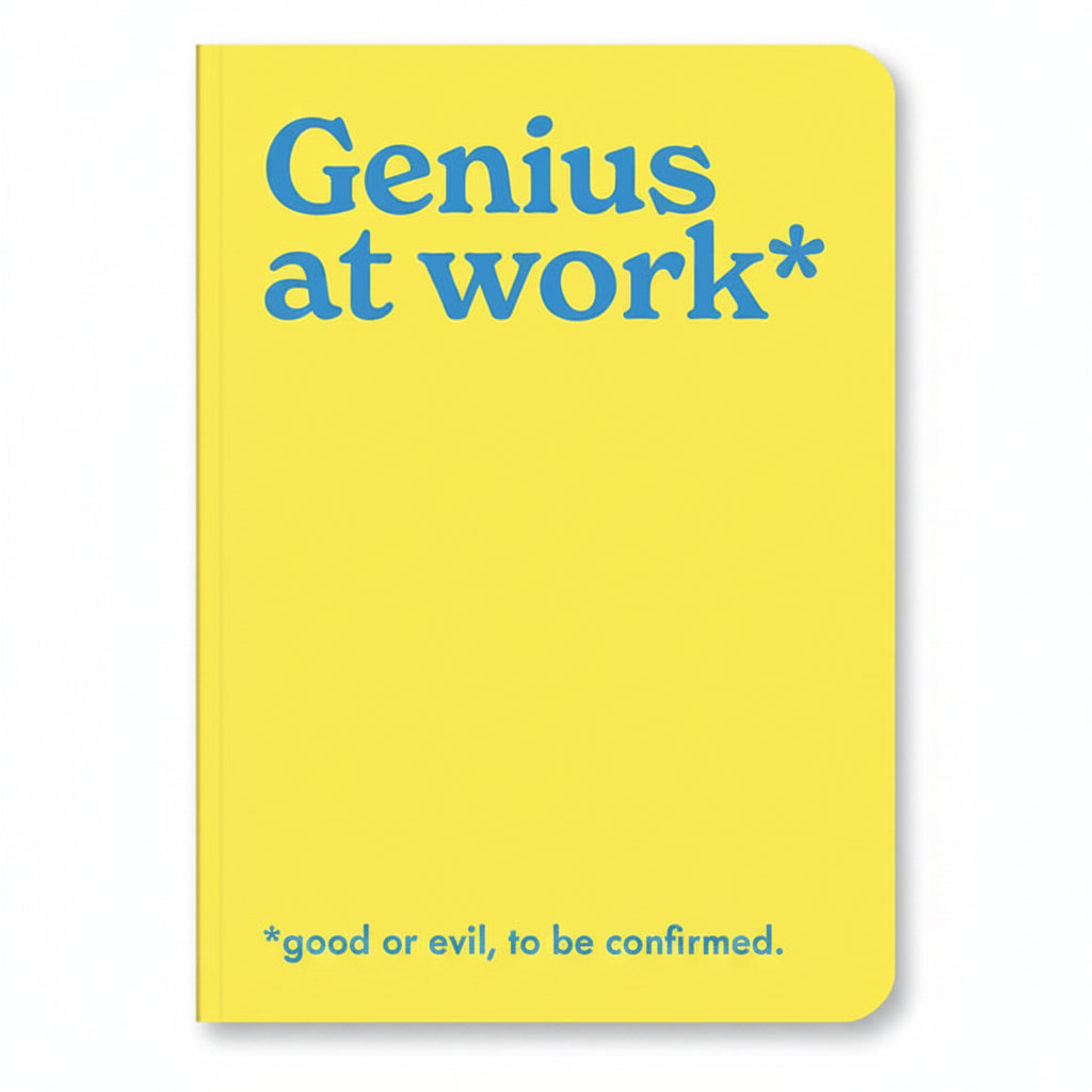 Genius at Work A5 notebook with yellow cover and blue lettering