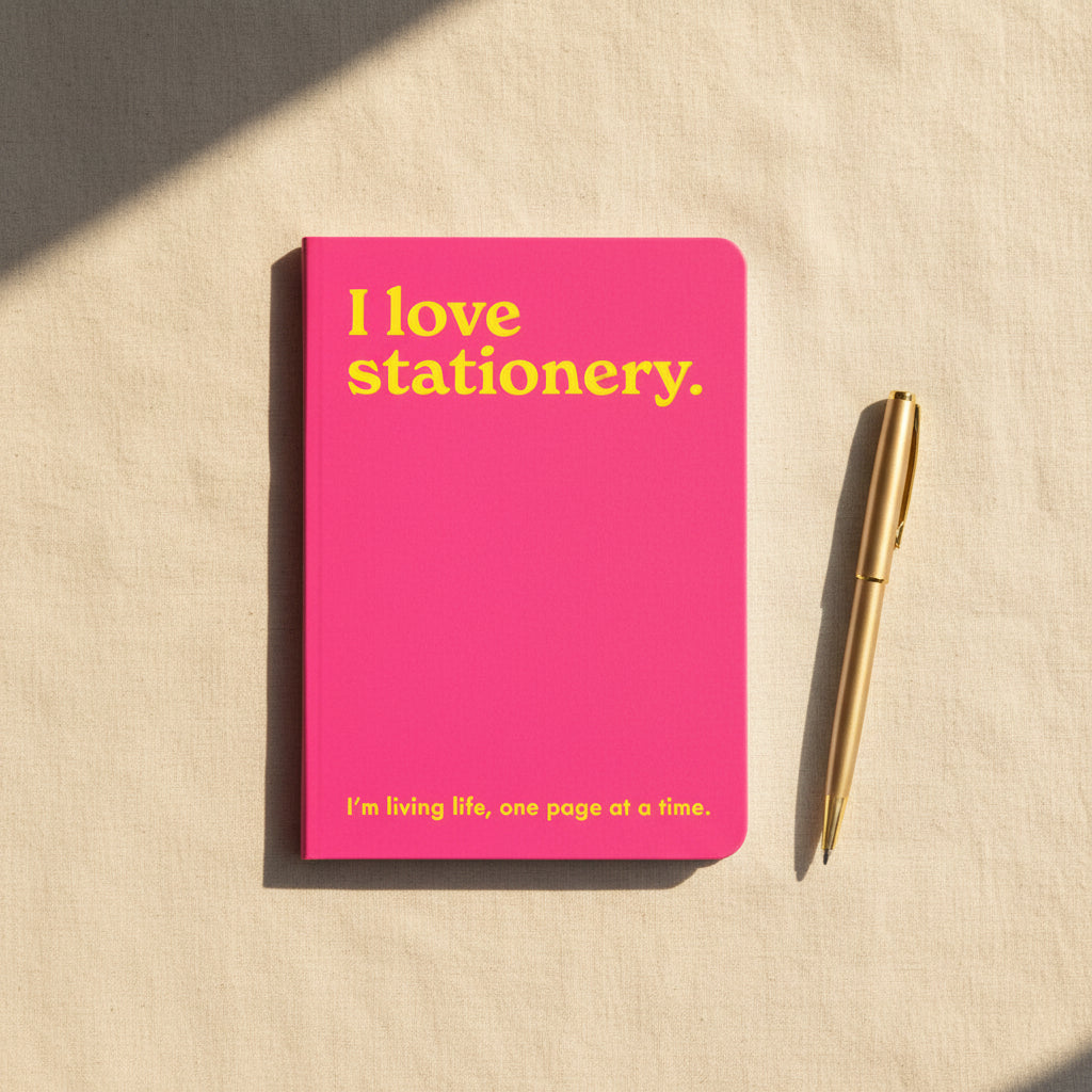 I Love Stationery neon A5 notebook shown flat on a white background