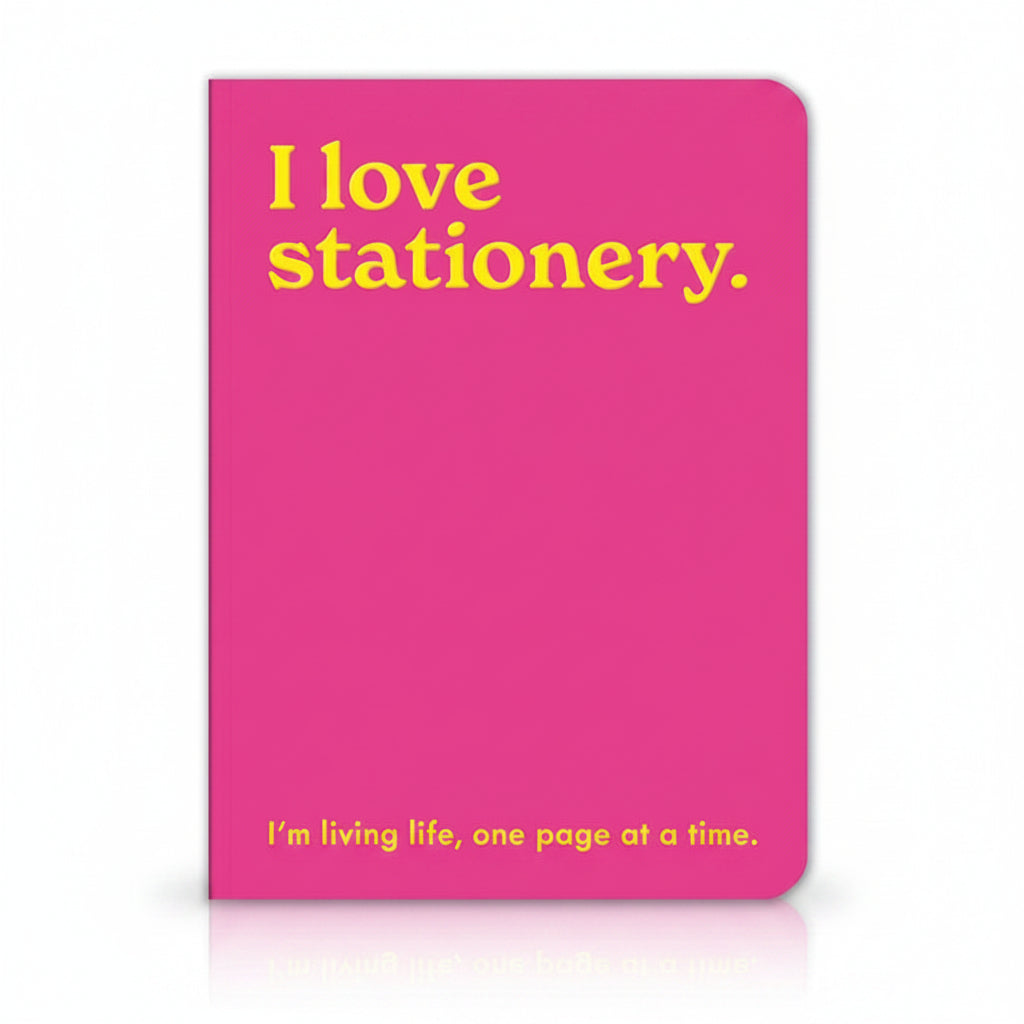 I Love Stationery A5 notebook with pink cover and yellow lettering