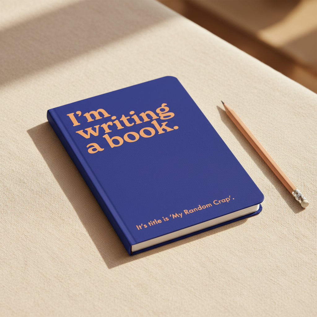 I'm Writing a Book neon A5 notebook shown flat on a white background