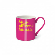 Mug-nificent Human hot pink bone china mug with bold yellow lettering