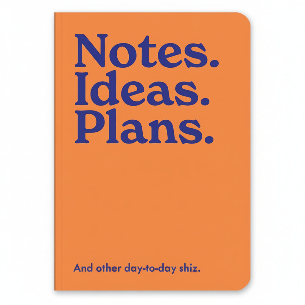 Notes Ideas Plans A5 notebook with orange cover and navy lettering