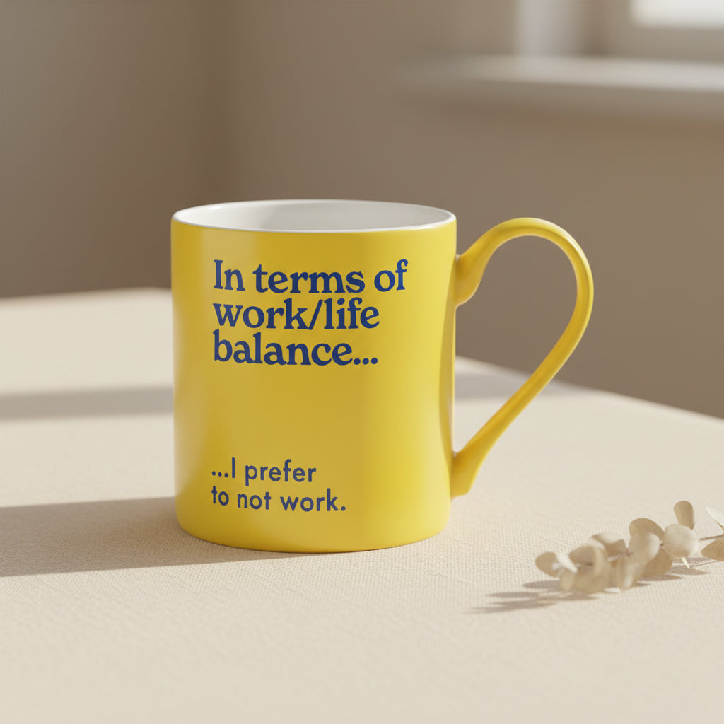 Yellow Work/Life Balance mug shown side on against a plain white background