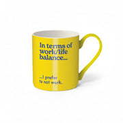 Work/Life Balance bright yellow bone china mug with navy lettering