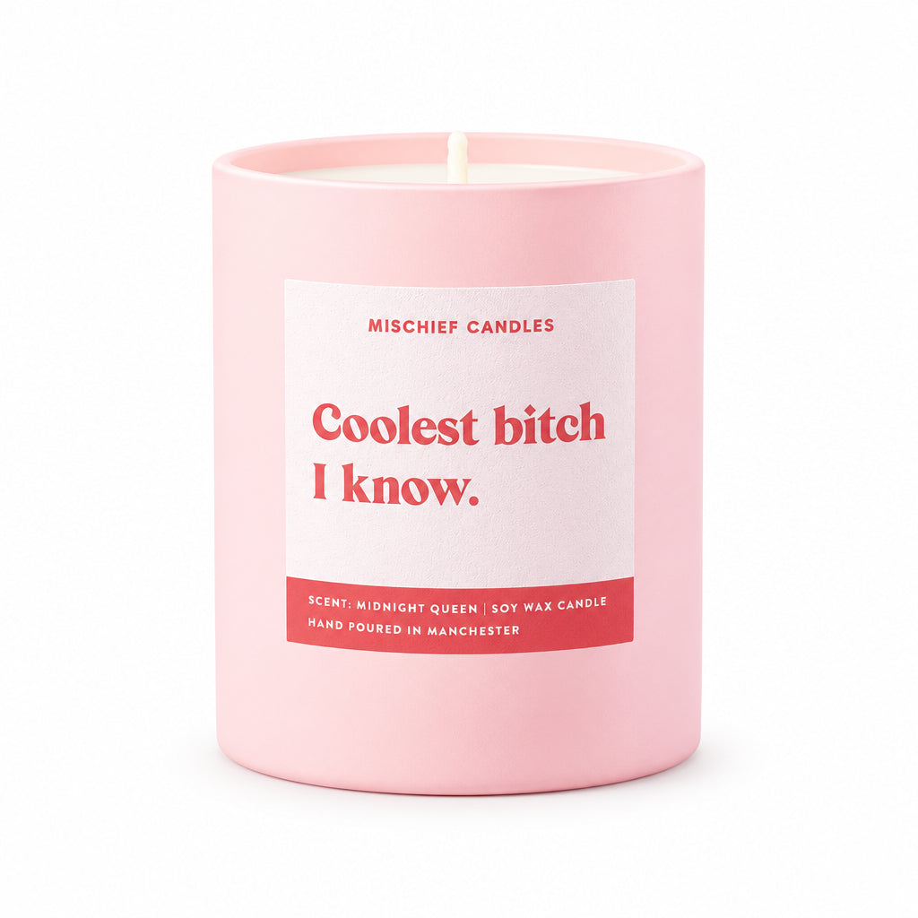Coolest Bitch I Know funny candle in a pink jar, lit on a pink stand