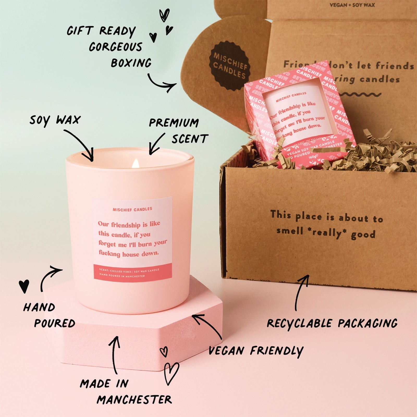 Mischief Candles friendship candle beside kraft gift box with soy wax callouts