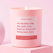 Our Friendship Is Like candle in pink jar lit against pink background