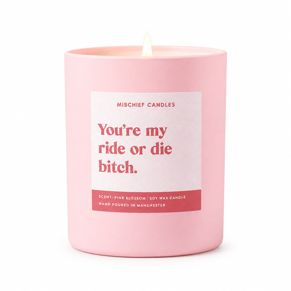 You're my ride or die bitch funny candle in a pink jar, lit on a stand