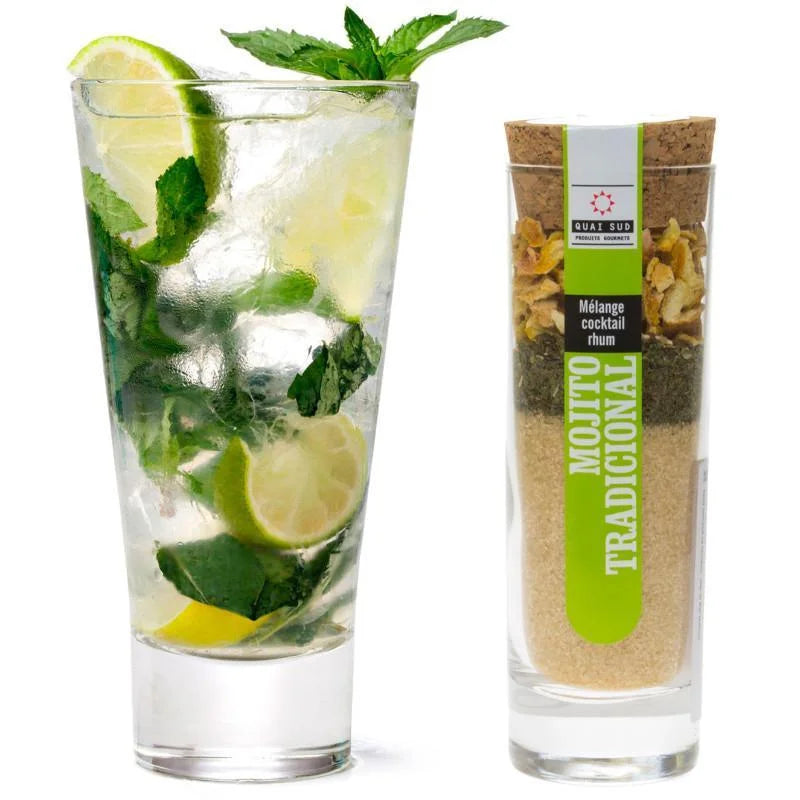 Fresh mojito cocktail beside Mojito Mix tube.