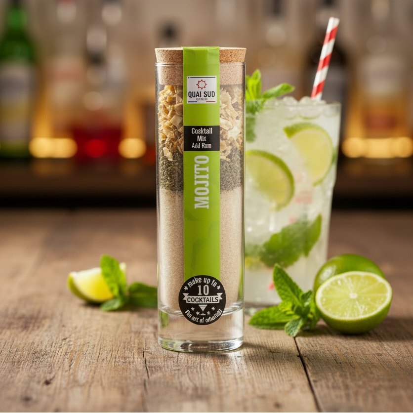 Mojito Cocktail Mix in tall glass tube with layered citrus and mint ingredients.
