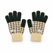 Knitted Moomin Chequered Gloves photographed flat against white background showing embroidered Moomin family.
