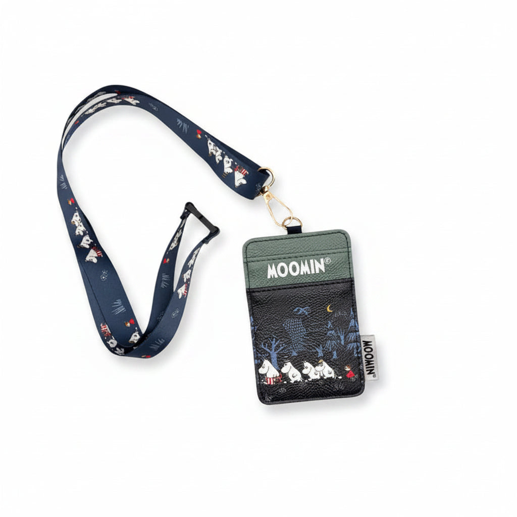 Product image of Moomin Forest Lanyard with strap, showing forest scene and characters on white background.

