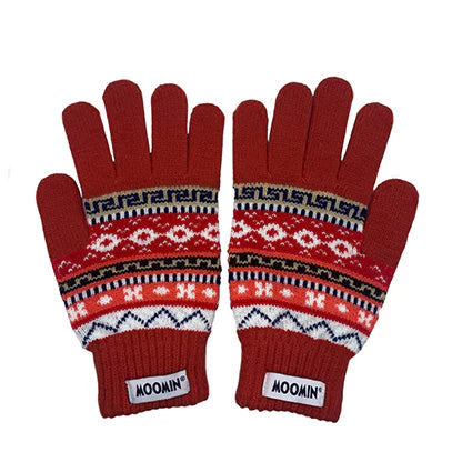 Moomin Little My Fair Isle gloves front view on white background.