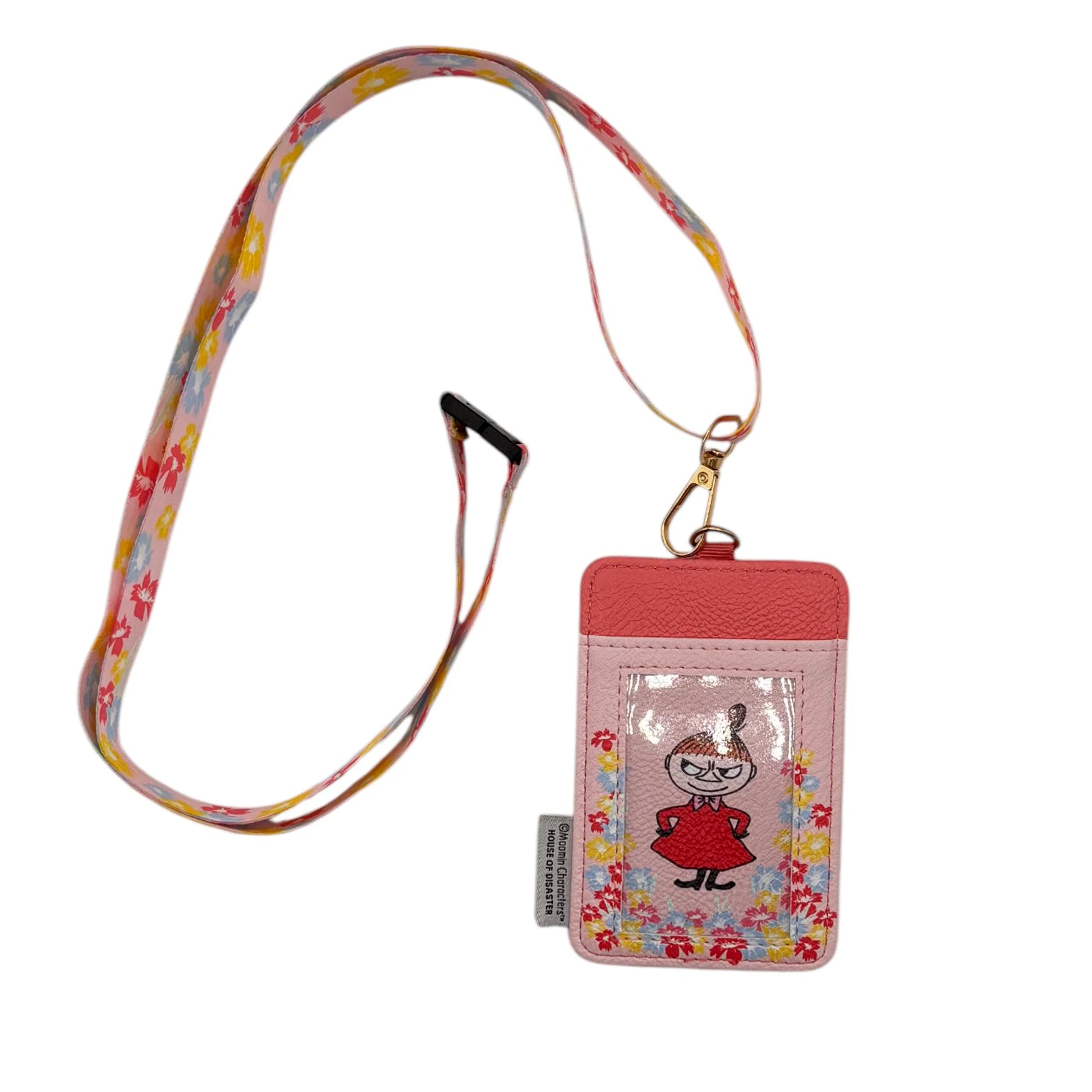 Rear product image of Moomin Little My Lanyard showing transparent ID slot and floral detailing.
