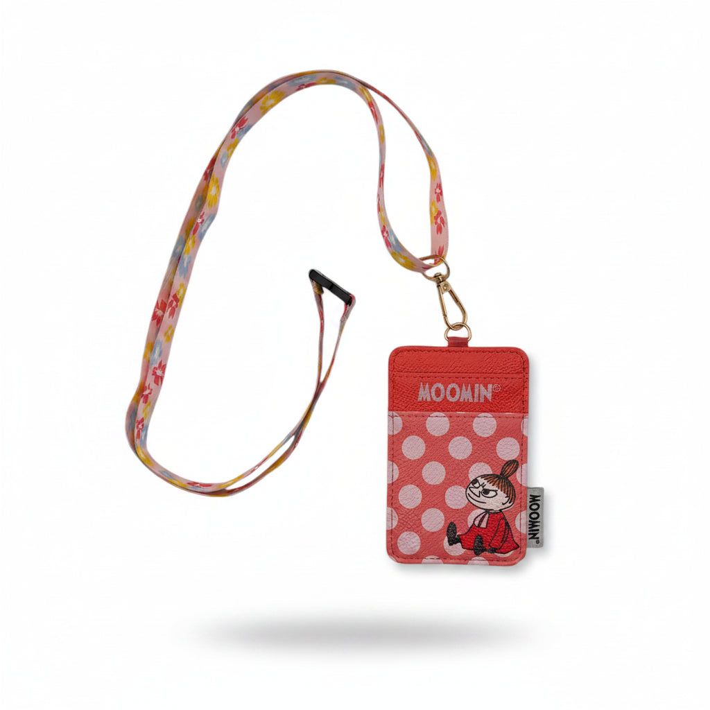 Product image of Moomin Little My Lanyard with floral strap and pink polka dot design on white background.
