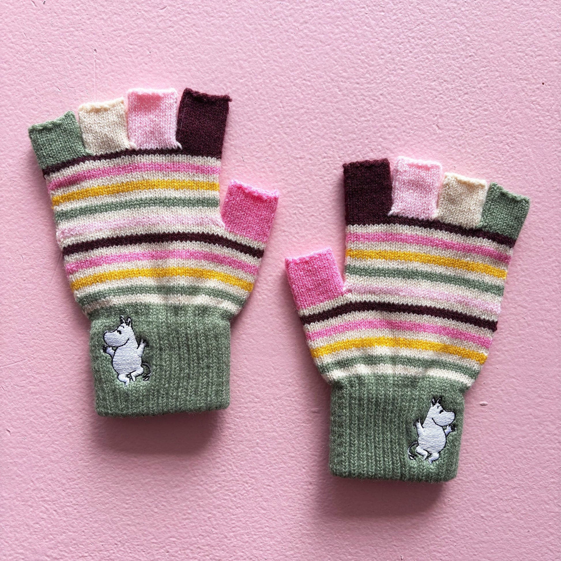 Pair of Moomin Stripy Fingerless Gloves laid flat showing embroidered Moomin design on cuffs.
