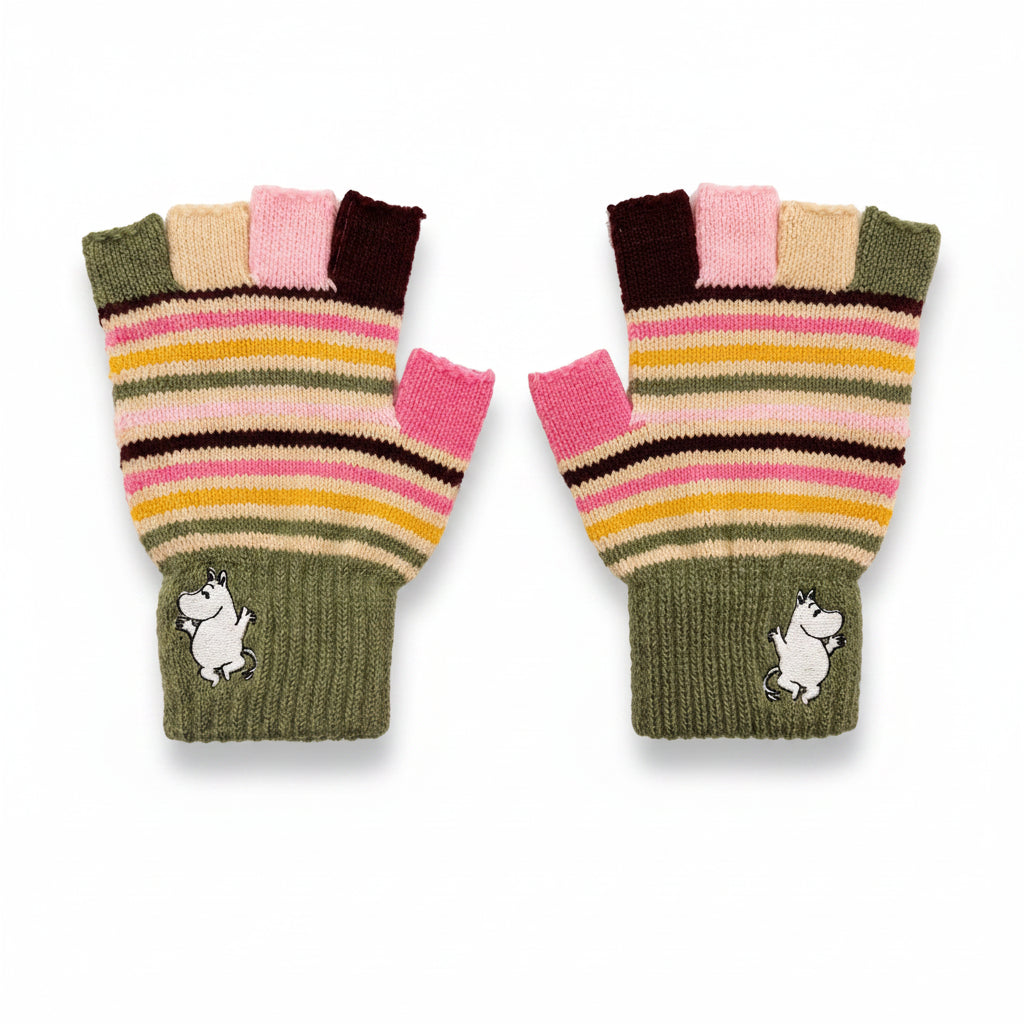 Product image of Moomin Stripy Fingerless Gloves photographed flat on white background
