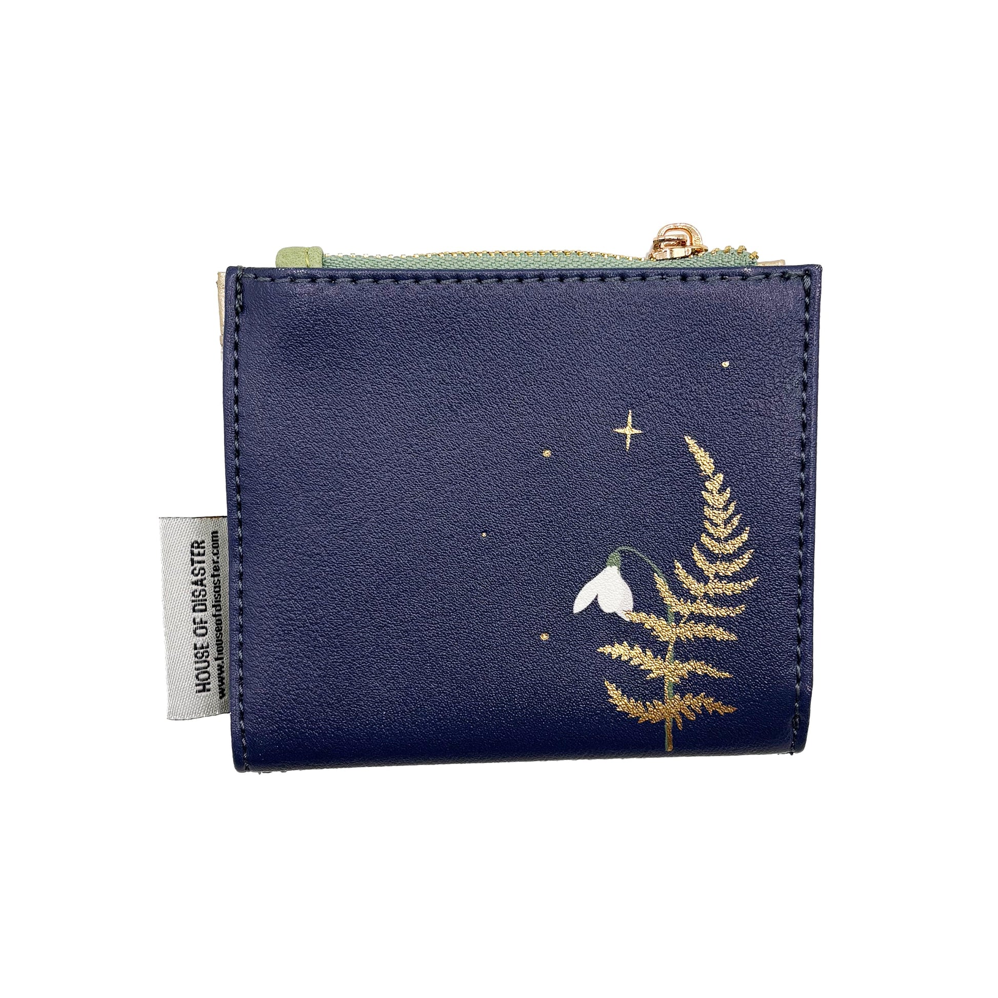 Back of moth purse with gold fern and floral illustration