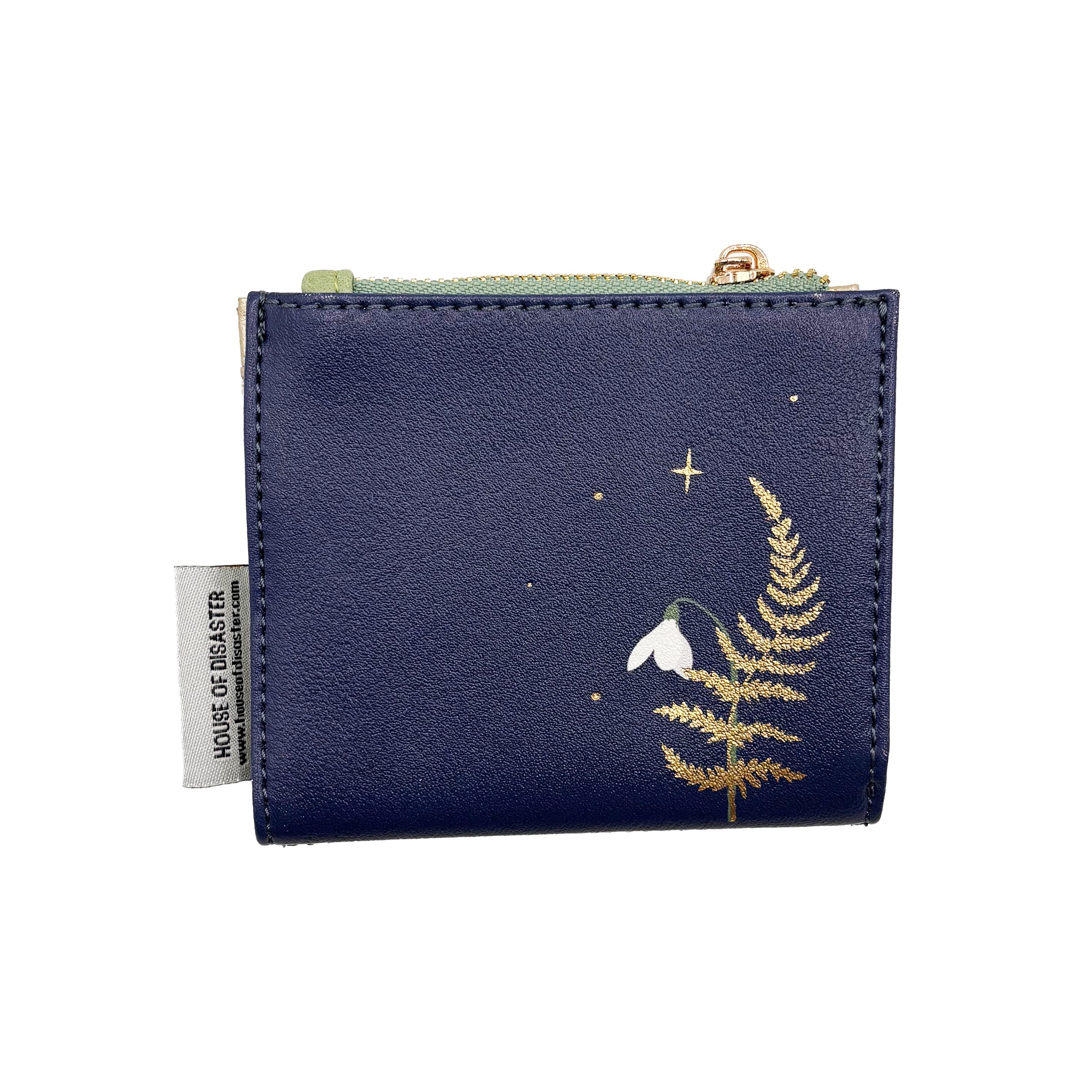 Back of moth purse with gold fern and floral illustration