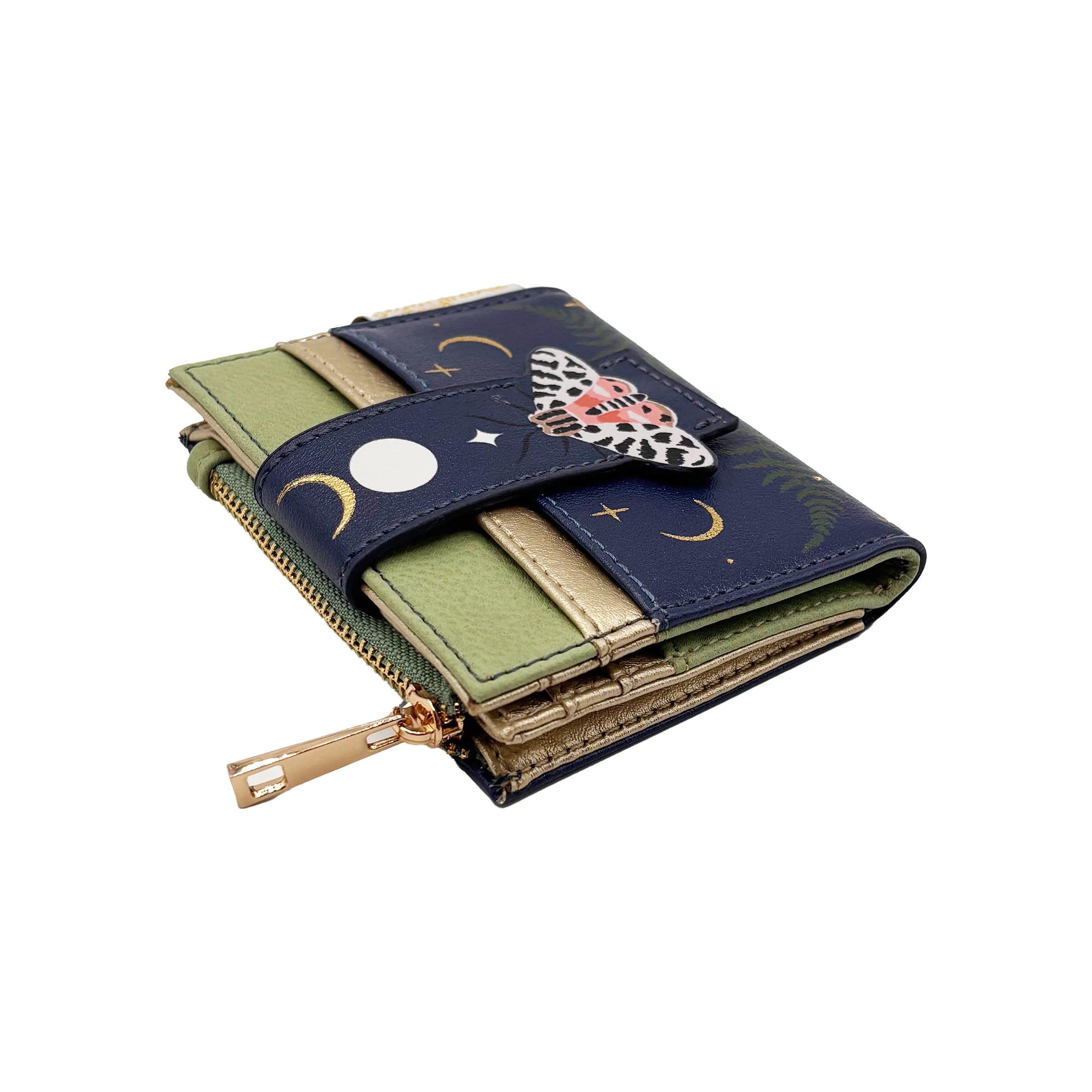 Side view of moth purse with zip coin compartment