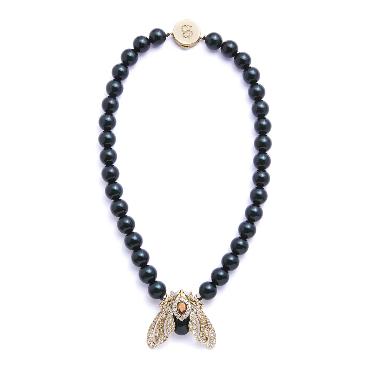 Full product view of Bill Skinner Moth Statement Necklace laid flat, featuring Tahitian pearl strand and gold moth clasp.