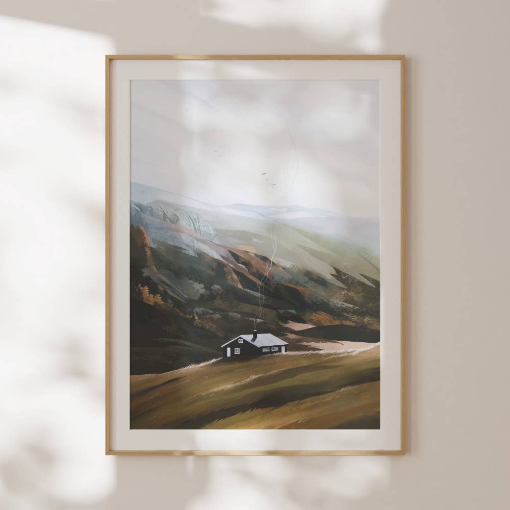 Mountain Calm Norwegian landscape art print of a mountain dwelling in soft light
