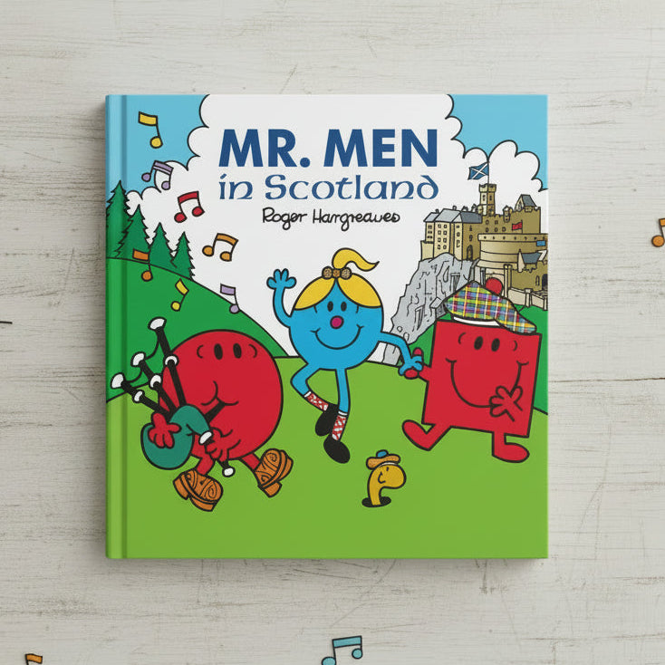 Mr Men in Scotland children's book cover with Mr Strong at the Highland Games