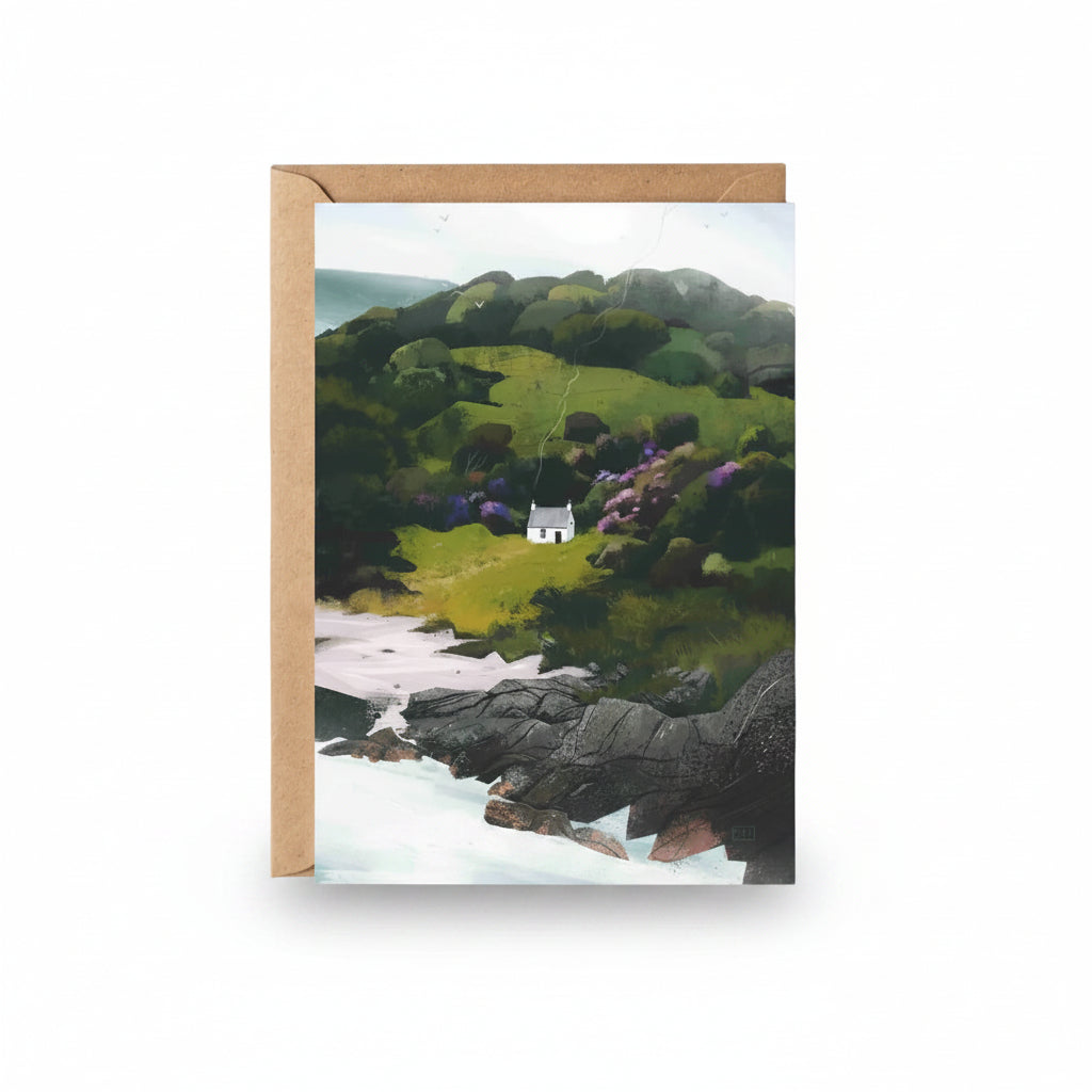 Mull of Kintyre greeting card featuring Sara Willia's windswept coastal landscape artwork with kraft envelope