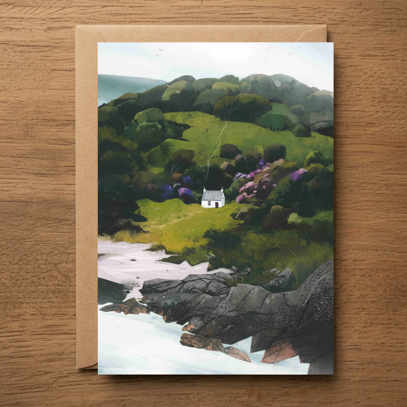 Mull of Kintyre greeting card featuring Sara Willia's windswept Kintyre coast artwork with kraft envelope