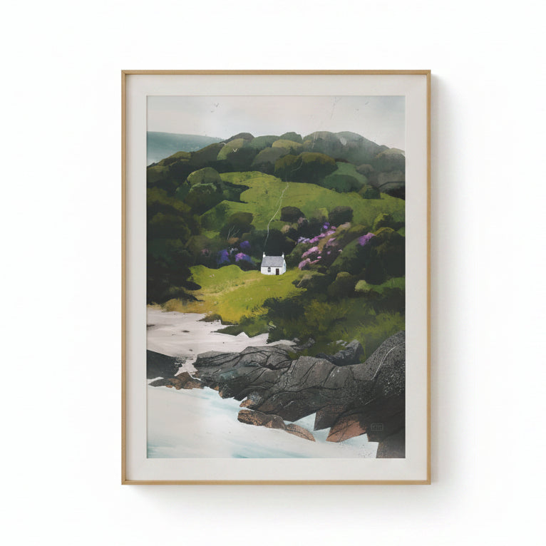 Framed artwork of a scenic landscape with a house on a hill.