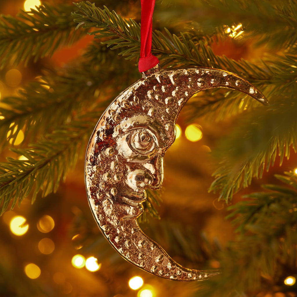 A textured metallic gold crescent moon Christmas ornament with a face design, hanging from a red ribbon on a decorated Christmas tree with warm lights.
