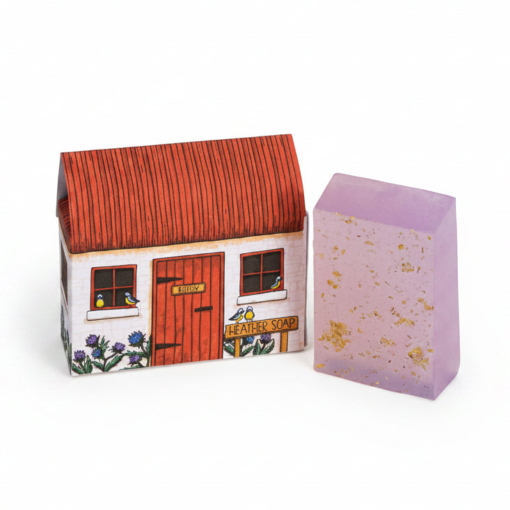 Neon Magpie Bothy soap packaging showing charming highland bothy illustration.