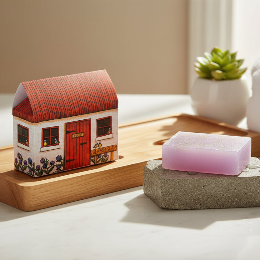 Bothy illustrated bar soap with cosy Scottish bothy scene - front packaging view.
